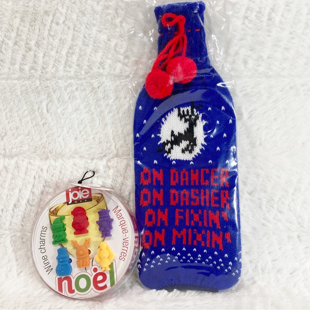 Joie International Noel Holiday Wine Charms Knit Bottle Gift Bag Set 7 Pcs NEW